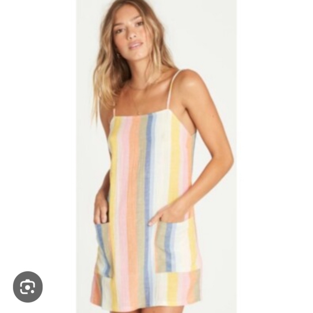 Billabong Pastel Striped Spaghetti  Strap Casual Flowy Beach Dress with Pockets
